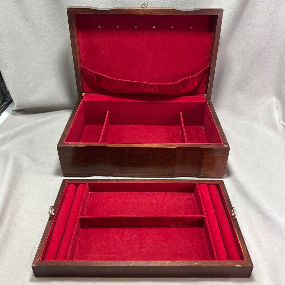 Vintage Wooden Jewelry Box Chest Red Velvet Lining Removable Tray Necklace Hooks